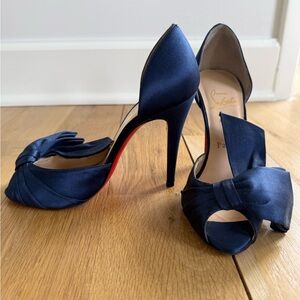 Christian Louboutin Blue Satin Bow T Dorcet Peep-Toe Pumps